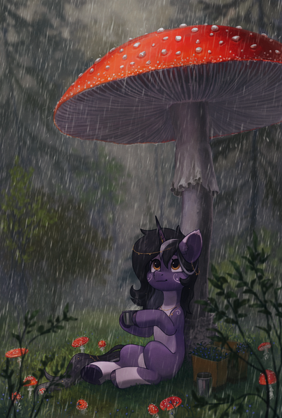 Size: 1500x2220 | Tagged: safe, artist:koviry, derpibooru import, oc, oc:rivibaes, unofficial characters only, pony, unicorn, amanita, box, coat markings, commission, cup, female, fly agaric, forest, giant mushroom, image, looking up, mare, markings, micro, mug, mushroom, pale belly, png, rain, scenery, sitting, smiling, socks (coat marking), solo, thermos, toadstool, tree, underhoof, ych result