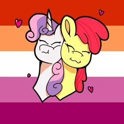 Size: 5000x5000 | Tagged: safe, artist:shooting star, derpibooru import, apple bloom, scootaloo, sweetie belle, earth pony, pony, unicorn, bust, commission, cuddling, cutie mark crusaders, eyes closed, female, heart, image, lesbian, lesbian couple, love, mare, mouthpiece, png, portrait, pride flag, shipping, smiling, ych example, your character here