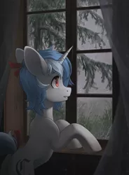 Size: 1500x2039 | Tagged: safe, artist:koviry, derpibooru import, oc, oc:clair, oc:clairvoyance, unofficial characters only, pony, unicorn, curtains, grass, horn, image, looking out the window, male, png, rain, raised tail, smiling, solo, stallion, tail, tree, window
