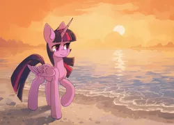 Size: 2032x1462 | Tagged: safe, artist:koviry, derpibooru import, twilight sparkle, twilight sparkle (alicorn), alicorn, pony, beach, commission, female, image, lidded eyes, mare, png, raised hoof, scenery, smiling, solo, sun, water, ych example, your character here