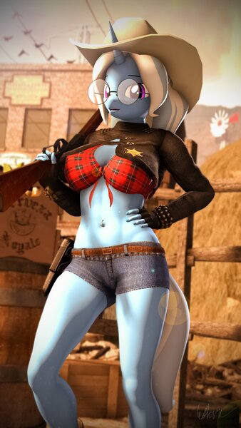 Size: 2160x3840 | Tagged: safe, artist:laylahorizonsfm, artist:layloodlaid, derpibooru import, trixie, anthro, 3d, alternate hairstyle, babysitter trixie, clothes, cowgirl, hoodie, image, jpeg, source filmmaker