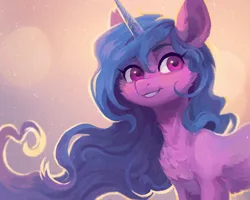 Size: 1556x1246 | Tagged: safe, artist:koviry, derpibooru import, izzy moonbow, pony, unicorn, aside glance, backlighting, beautiful, bust, cheek fluff, chest fluff, ear fluff, female, fluffy, g5, image, looking at you, mare, png, sideways glance, smiling, solo