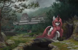 Size: 3072x2000 | Tagged: safe, artist:koviry, derpibooru import, oc, oc:rhayla solaria, unofficial characters only, kirin, big ears, bridge, castle, cloven hooves, commission, forest, image, japan, kirin oc, long mane, long tail, pagoda, png, redhead, scenery, solo, tail, temple, tree, walking, waterfall