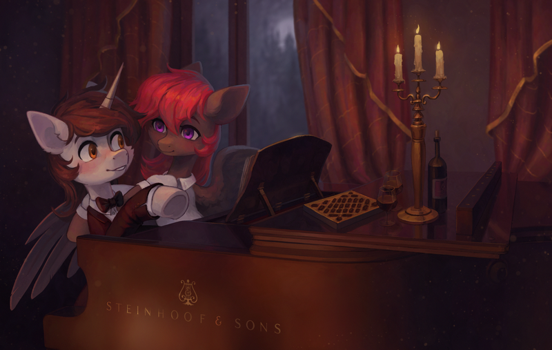 Size: 3155x2000 | Tagged: safe, artist:koviry, derpibooru import, oc, oc:darius, unofficial characters only, pegasus, pony, unicorn, blushing, bottle, candle, commission, glass, horn, image, looking at each other, looking at someone, musical instrument, piano, png, window, wine bottle, wine glass, wings