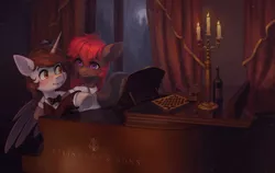 Size: 3155x2000 | Tagged: safe, artist:koviry, derpibooru import, oc, oc:darius, unofficial characters only, pegasus, pony, unicorn, blushing, bottle, candle, commission, glass, horn, image, looking at each other, looking at someone, musical instrument, piano, png, window, wine bottle, wine glass, wings