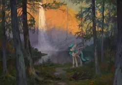 Size: 4572x3220 | Tagged: safe, artist:koviry, derpibooru import, oc, oc:summer ray, unofficial characters only, pegasus, pony, chest fluff, cliff, coat markings, colored ears, colored wings, commission, ear fluff, female, forest, image, jewelry, lake, leg wraps, mare, necklace, pale belly, png, scenery, socks (coat marking), solo, spread wings, tail, tree, two toned mane, two toned tail, two toned wings, water, waterfall, wings