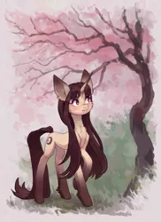Size: 1918x2629 | Tagged: safe, artist:koviry, derpibooru import, oc, oc:sylvine, unofficial characters only, pony, unicorn, big ears, cheek fluff, chest fluff, commission, female, image, mare, png, raised hoof, solo, tree