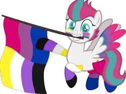 Size: 1207x908 | Tagged: safe, artist:yeetmedownthestairs, derpibooru import, zipp storm, pegasus, pony, adorazipp, bisexual, clothes, commission, cute, face paint, flag, g5, grin, image, mouth hold, nonbinary, nonbinary pride flag, png, pride, pride flag, pride month, raised hoof, raised leg, simple background, smiling, socks, solo, striped socks, transparent background, ych result