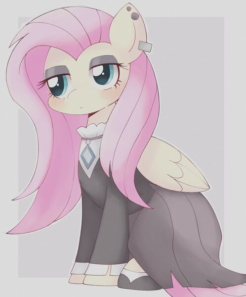 Size: 1579x1903 | Tagged: safe, artist:ginmaruxx, artist:kuzuyukuro, derpibooru import, fluttershy, pegasus, pony, alternate hairstyle, blushing, clothes, ear piercing, earring, eyeshadow, female, fluttergoth, folded wings, gem, goth, image, jacket, jewelry, jpeg, lidded eyes, makeup, mare, necklace, piercing, simple background, sitting, solo, white background, wings