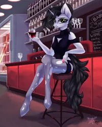 Size: 2000x2500 | Tagged: suggestive, artist:amishy, artist:julia sunlight, derpibooru import, oc, oc:reinina hazard, unofficial characters only, anthro, pony, unguligrade anthro, unicorn, alcohol, bar, clothes, image, looking at you, png, ripped stockings, socks, solo, stockings, thigh highs, torn clothes, wine