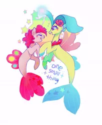 Size: 500x614 | Tagged: safe, artist:maitosoap, derpibooru import, pinkie pie, princess skystar, earth pony, pony, seapony (g4), my little pony: the movie, blue eyes, blue mane, dorsal fin, eyes closed, female, fin wings, fins, fish tail, flowing tail, glow, happy, image, jewelry, jpeg, lesbian, looking at each other, looking at someone, mare, necklace, open mouth, pearl necklace, race swap, seaponified, seapony pinkie pie, shipping, simple background, skypie, smiling, species swap, tail, teeth, underwater, white background, wings