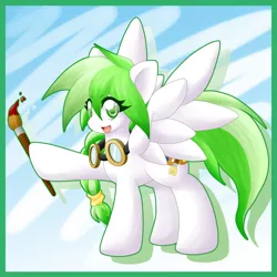 Size: 1000x1000 | Tagged: safe, artist:ragurimo, derpibooru import, oc, unofficial characters only, pegasus, pony, goggles, green background, hoof hold, image, jpeg, paintbrush, raised hoof, simple background, wings