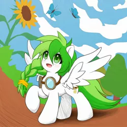 Size: 2000x2000 | Tagged: safe, artist:ragurimo, derpibooru import, oc, unofficial characters only, butterfly, insect, pegasus, pony, female, flower, goggles, image, jpeg, looking up, mare, open mouth, raised hoof, solo, sunflower, tree, wings