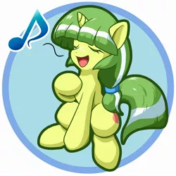 Size: 2000x2000 | Tagged: safe, artist:ragurimo, derpibooru import, oc, unofficial characters only, pony, unicorn, eyes closed, female, horn, image, jpeg, mare, music notes, open mouth, open smile, raised hoof, simple background, sitting, smiling, solo, white background