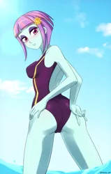 Size: 716x1125 | Tagged: suggestive, artist:riouku, derpibooru import, sunny flare, equestria girls, friendship games, beach, bedroom eyes, butt touch, clothes, eyeshadow, female, hand on butt, image, looking at you, makeup, png, shadowbolts, solo, solo female, swimsuit