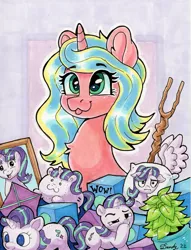 Size: 1801x2360 | Tagged: safe, artist:dandy, derpibooru import, phyllis, starlight glimmer, oc, oc:blitzy, unofficial characters only, pony, :i, :p, boop, ear fluff, horn, i mean i see, image, kite, marker drawing, meme, merchandise, picture frame, pillow, plant, plushie, png, self-boop, solo, staff, staff of sameness, tongue out, traditional art, wings, wow! glimmer