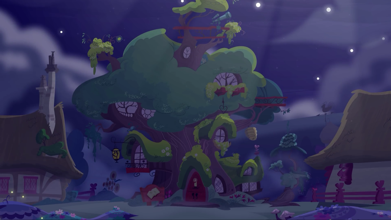 Size: 2048x1152 | Tagged: safe, derpibooru import, background, golden oaks library, image, library, night, no pony, png, treehouse