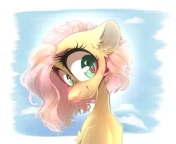 Size: 1280x1048 | Tagged: safe, artist:wacky-skiff, derpibooru import, fluttershy, pony, alternate hairstyle, aside glance, bust, chest fluff, ear fluff, eyelashes, female, head tilt, heart, heart eyes, image, looking at you, mare, png, portrait, short hair, sideways glance, sky background, smiling, solo, three quarter view, wingding eyes