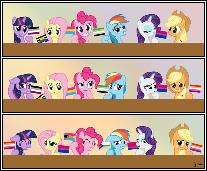 Size: 4799x3965 | Tagged: safe, artist:gutovi, derpibooru import, applejack, fluttershy, pinkie pie, rainbow dash, rarity, twilight sparkle, aromantic, aromantic pride flag, asexual, asexual pride flag, bisexual, bisexual female, bisexual pride flag, demiromantic pride flag, female, headcanon, image, lesbian, lesbian pride flag, lgbt, lgbt headcanon, long description, male, mane six, orientation play, pansexual, pansexual pride flag, png, polyamorous pride flag, polyamory, polygamy, pride, pride flag, pride month, pride ponies, sexuality headcanon, straight