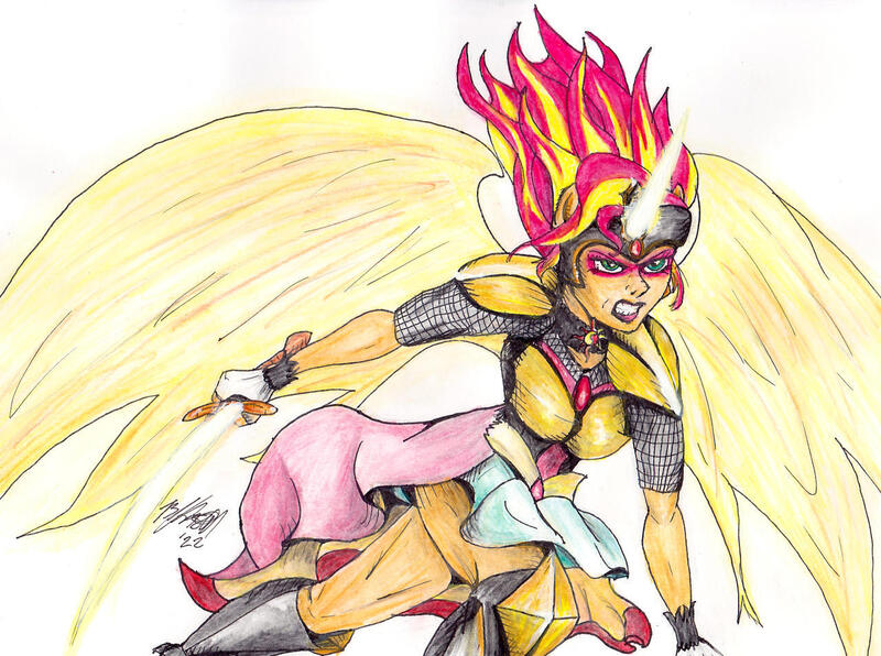 Size: 1280x953 | Tagged: safe, artist:masterdarhil, derpibooru import, sunset shimmer, equestria girls, angry, daydream shimmer, fanfic art, fantasy class, gritted teeth, image, jpeg, sword, teeth, traditional art, warrior, watercolor painting, weapon, wings