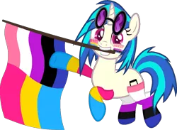 Size: 1233x901 | Tagged: safe, artist:yeetmedownthestairs, derpibooru import, vinyl scratch, pony, unicorn, clothes, commission, cute, face paint, flag, genderfluid, genderfluid pride flag, grin, image, mouth hold, pansexual, pansexual pride flag, png, pride, pride flag, pride month, raised hoof, raised leg, simple background, smiling, socks, solo, striped socks, transparent background, vinyl's glasses, vinylbetes, ych result