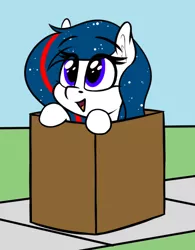 Size: 556x714 | Tagged: safe, artist:seafooddinner, derpibooru import, oc, oc:nasapone, unofficial characters only, earth pony, pony, box, cardboard box, cute, earth pony oc, female, happy, image, mare, open mouth, png, simple background, solo