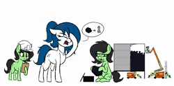Size: 1152x568 | Tagged: safe, artist:seafooddinner, derpibooru import, oc, oc:anonfilly, oc:spacexpone, earth pony, pony, clipboard, clothes, cross-popping veins, earth pony oc, eating, eyes closed, facehoof, female, filly, floppy ears, foal, hard hat, hat, hoof hold, image, jewelry, jpeg, mare, necklace, open mouth, raised hoof, rocket, simple background, sitting, white background