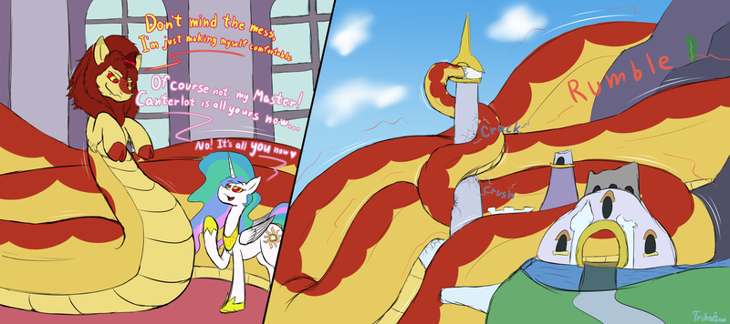 Size: 3600x1600 | Tagged: safe, artist:triksa, derpibooru import, princess celestia, oc, oc:acorn, kirin, lamia, original species, canterlot, coils, giant lamia, hypnosis, hypnotized, image, macro, png, ruins, tail, tail wrap