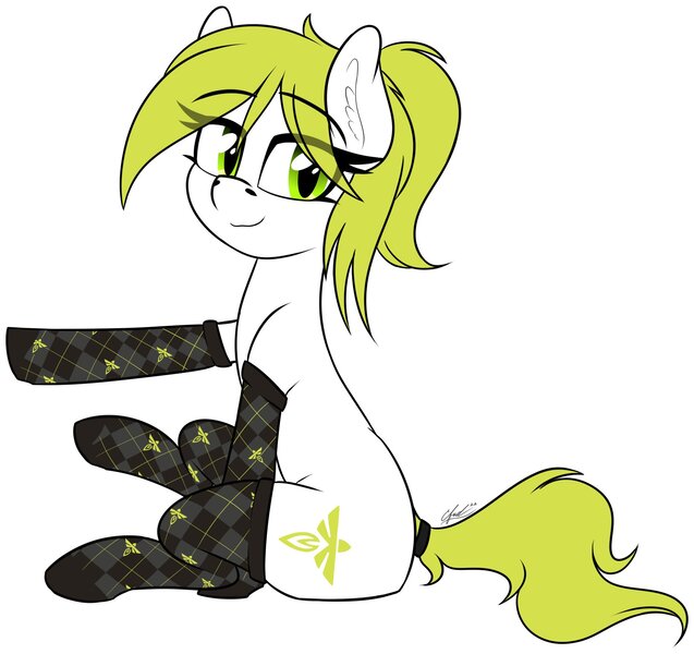 Size: 2004x1887 | Tagged: safe, artist:seafooddinner, derpibooru import, oc, oc:fireflypone, unofficial characters only, earth pony, pony, clothes, cute, cutie mark, ear fluff, earth pony oc, eye clipping through hair, eyebrows, eyebrows visible through hair, female, image, jpeg, looking at you, mare, signature, simple background, sitting, socks, solo, white background