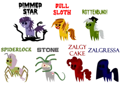 Size: 1070x747 | Tagged: grimdark, artist:hisbestfantasyeverxd, derpibooru import, oc, oc:dimmed star, oc:dull sloth, oc:rottenbunch, oc:spiderlock, oc:stone, oc:zalgressa, oc:zalgy cake, unofficial characters only, earth pony, gorgon, monster pony, original species, pegasus, pony, spiderpony, unicorn, blood, cowboy hat, female, hat, holes, image, mare, png, simple background, text, transparent background, zalgo, zalgo pie