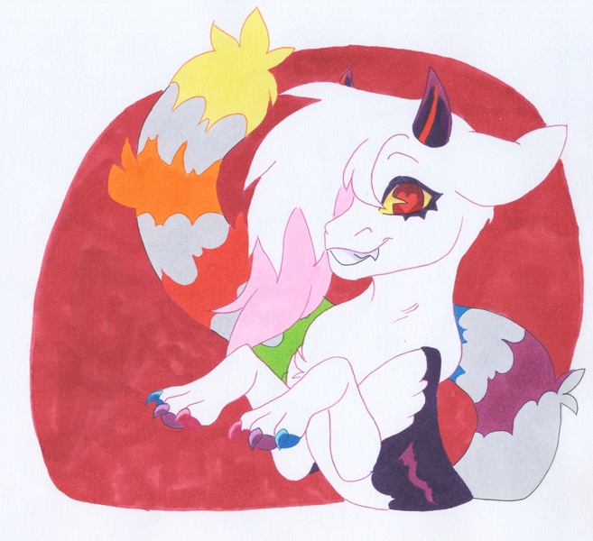 Size: 2845x2598 | Tagged: safe, artist:frozensoulpony, derpibooru import, oc, oc:chiaroscuro, draconequus, hybrid, image, interspecies offspring, jpeg, male, offspring, parent:discord, parent:rarity, parents:raricord, solo, traditional art