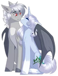 Size: 2158x2838 | Tagged: safe, artist:purplegrim40, derpibooru import, oc, unofficial characters only, bat pony, pony, unicorn, bat pony oc, bat wings, coat markings, ear fluff, eyes closed, female, horn, image, male, mare, oc x oc, png, shipping, simple background, socks (coat marking), stallion, transparent background, unicorn oc, wings