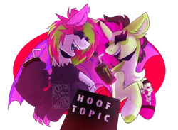 Size: 1280x936 | Tagged: safe, artist:gothalite, derpibooru import, oc, unofficial characters only, pony, unicorn, bust, chest fluff, duo, ear fluff, horn, hot topic, image, laughing, png, simple background, transparent background, unicorn oc