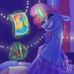 Size: 1280x1280 | Tagged: safe, artist:gothalite, derpibooru import, oc, unofficial characters only, pony, unicorn, blanket, drawing, glow, glowing horn, grin, horn, image, indoors, jpeg, magic, pencil, pillow, smiling, solo, telekinesis, unicorn oc