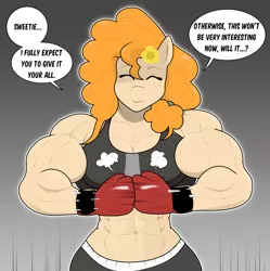 Size: 2034x2043 | Tagged: suggestive, artist:matchstickman, derpibooru import, pear butter, anthro, earth pony, abs, boxing, boxing gloves, breasts, busty pear butter, clothes, eyes closed, female, flower, image, jpeg, muscles, muscular female, pear buffer, shorts, simple background, smiling, solo, solo female, speech bubble, sports, sports bra, sports shorts