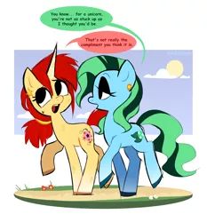Size: 2396x2570 | Tagged: safe, artist:syrupyyy, derpibooru import, oc, oc:iris sparkler, oc:spring mint, unofficial characters only, earth pony, pony, unicorn, duo, image, png, talking, walking