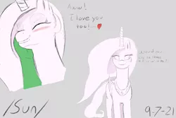Size: 3000x2000 | Tagged: safe, artist:enonnnymous, derpibooru import, princess celestia, oc, oc:anon, alicorn, pony, /sun/, blushing, dialogue, eyes closed, heart, i love you, image, petting, png, simple background, smiling