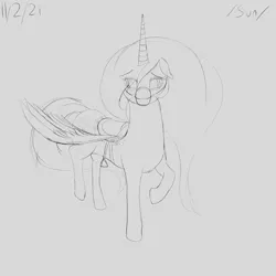 Size: 4000x4000 | Tagged: safe, artist:enonnnymous, derpibooru import, alicorn, pony, /sun/, blushing, bridle, image, monochrome, png, raised hoof, saddle, simple background, spread wings, tack, wings