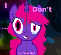 Size: 850x760 | Tagged: safe, artist:aproudhomestuck, derpibooru import, oc, oc:ivory chocolate, unofficial characters only, pony, unicorn, cave, crying, dialogue, female, frown, horn, image, mare, no catchlights, png, rainbow, sad, smiling, text, two sides