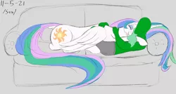 Size: 3000x1605 | Tagged: safe, artist:enonnnymous, derpibooru import, princess celestia, oc, oc:anon, alicorn, pony, /sun/, couch, cuddling, dock, eyes closed, hug, image, lying down, png, smiling, tail