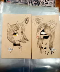 Size: 3008x3588 | Tagged: safe, artist:lailyren, derpibooru import, oc, unofficial characters only, pony, unicorn, :p, collar, couple, female, horn, image, jpeg, male, mare, multiple horns, pentagram, sketch, stallion, thought bubble, tongue out, traditional art