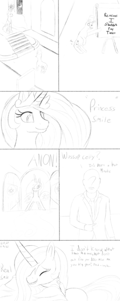 Size: 2000x5000 | Tagged: safe, artist:enonnnymous, derpibooru import, princess celestia, oc, oc:anon, alicorn, pony, /sun/, comic, cute, dialogue, eyes closed, hat, hug, image, monochrome, png, smiling, stairs, talking