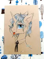Size: 2603x3476 | Tagged: safe, artist:lailyren, derpibooru import, oc, oc:hrabia de black sky, unofficial characters only, bat pony, pony, unicorn, :p, image, jpeg, male, necktie, sketch, solo, stallion, tongue out, traditional art