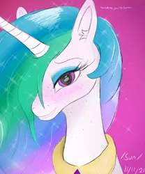 Size: 2000x2400 | Tagged: safe, artist:enonnnymous, derpibooru import, princess celestia, alicorn, pony, /sun/, blushing, dialogue, freckles, image, looking at you, png, solo