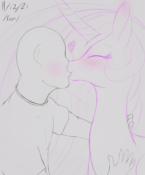 Size: 2500x3000 | Tagged: safe, artist:enonnnymous, derpibooru import, princess celestia, oc, oc:anon, alicorn, human, pony, /sun/, blushing, eyes closed, heart, image, kissing, png