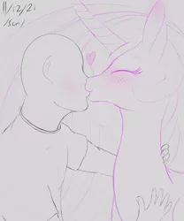 Size: 2500x3000 | Tagged: safe, artist:enonnnymous, derpibooru import, princess celestia, oc, oc:anon, alicorn, human, pony, /sun/, blushing, eyes closed, heart, image, kissing, png