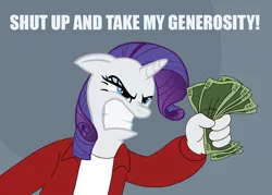 Size: 1084x777 | Tagged: safe, derpibooru import, edit, edited screencap, screencap, rarity, angry, comic, crossover, element of generosity, futurama, image, jpeg, money, philip j. fry, screencap comic, shut up and take my money