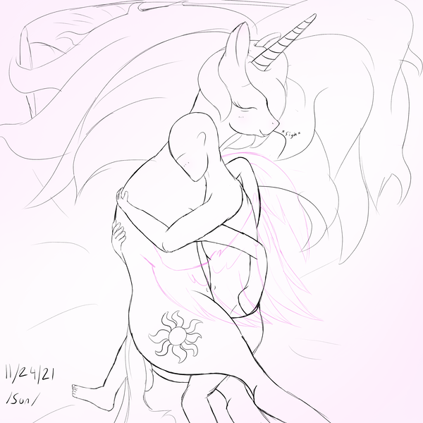 Size: 3000x3000 | Tagged: safe, artist:enonnnymous, derpibooru import, princess celestia, oc, oc:anon, alicorn, human, pony, /sun/, bed, eyes closed, hug, image, monochrome, pillow, png, sigh, sleeping, winghug, wings