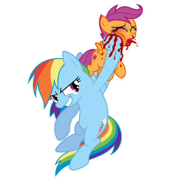 Size: 1280x1280 | Tagged: semi-grimdark, anonymous editor, artist:jeatz-axl, artist:starshinecelestalis, derpibooru import, edit, vector edit, rainbow dash, scootaloo, pegasus, pony, a canterlot wedding, abuse, abuse edit, angry eyes, black eye, blood, crying, cutie mark, eyes closed, female, filly, flying, foal, image, mare, nosebleed, png, punch, scootabuse, simple background, smiling, smirk, tears of pain, the cmc's cutie marks, transparent background, vector