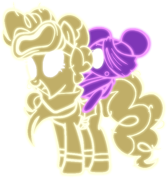 Size: 561x598 | Tagged: safe, artist:205tob, derpibooru import, pinkie pie, earth pony, pony, bag, bandage, clothes, crossover, dusk till dawn, female, glow, goggles, hair bun, image, mare, pibby, png, pony ride, riding a pony, saddle bag, scarf, simple background, smiling, socks, transparent background, wireframe
